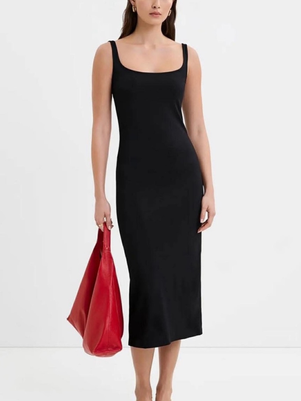 MARELLA Black Scoop Neck Midi Dress with Red Bag Accent